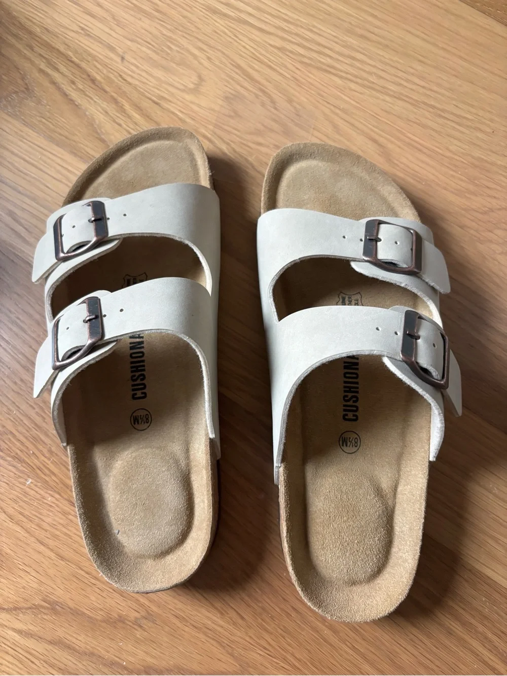 Cushionsire Double-Buckle Slide Sandals in Cream with Adjustable Straps